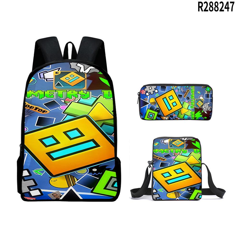 3pcs Set School Bags Kids Bags 3D New Product Geometry Dash Student Backpack Crossbody Bag Pencil Cas Bookbags