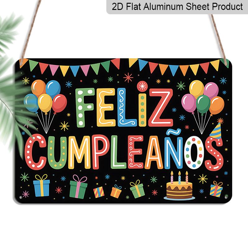 

2D Flat, 1pc Feliz Cumpleaños Spanish Birthday Plaque - Colorful Party Decor Sign with Balloons & Cake, Black & Multicolor - Aluminium Wall Hanging 20*30cm
