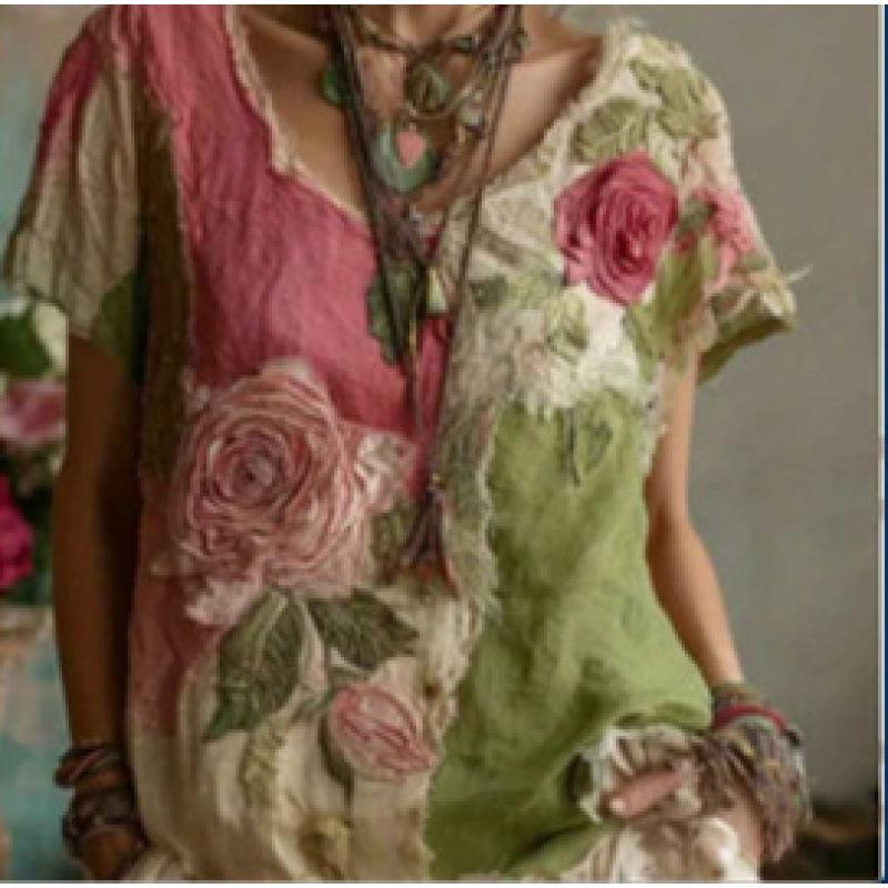 Women's 3D Print Drop Shoulder Jacquard Top - Summer Casual Loose Fit Short Sleeve