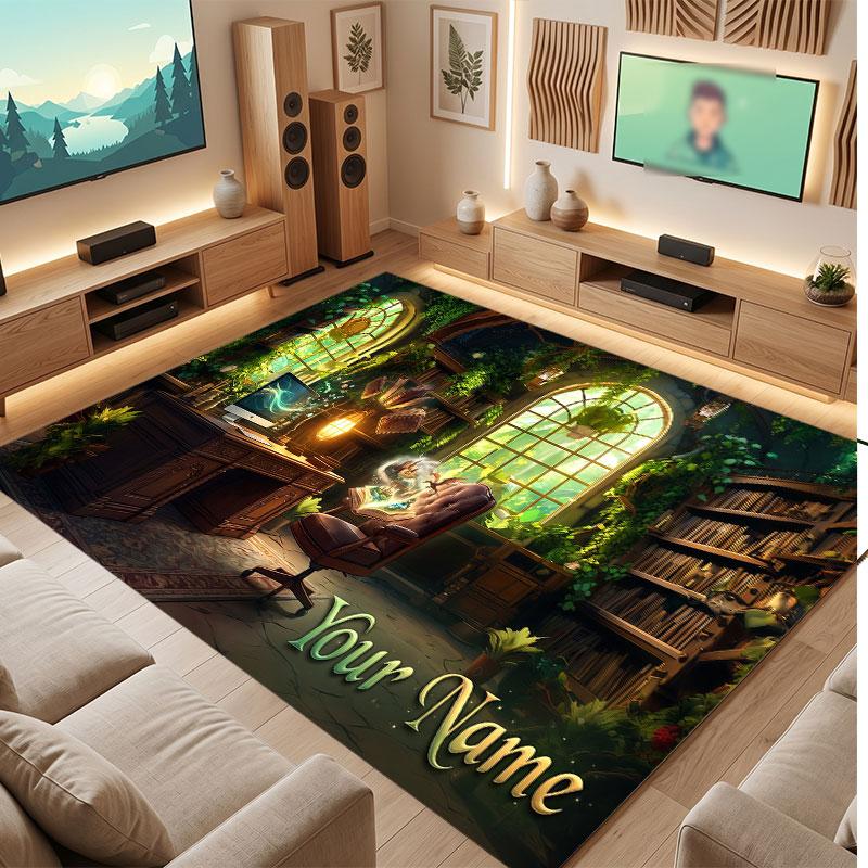 Nature Library Travel Theme Crystal Velvet Floor Rug Personalized Custom Name Text Warm Carpet Home Decoration