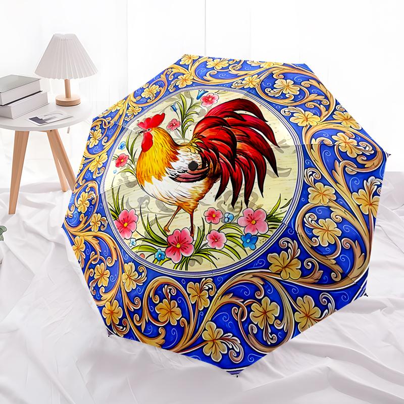 Rooster Theme Design Folding Umbrella-Fashionable Auto-Open Design 8 Iron Ribs Plastic Handle Foldable Sunshade,Perfect Gifts
