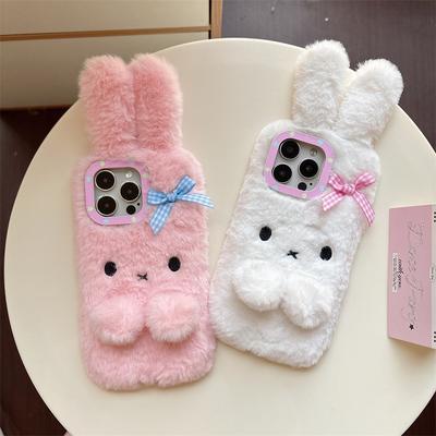 Coque de téléphone Kawaii 3D Cartoon Nœud Oreilles de Lapin Peluche Chaude Douillette Pour iPhone Air 12 13 14 15 16 11 17 Pro Max Housse antichoc