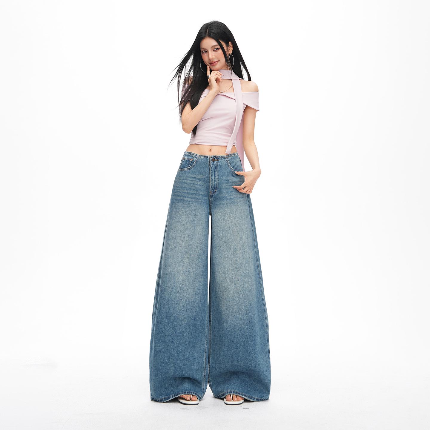 Retro Korean A-line Loose Wide-Leg Jeans for Women - Spring/Summer 2026 Arrival XL