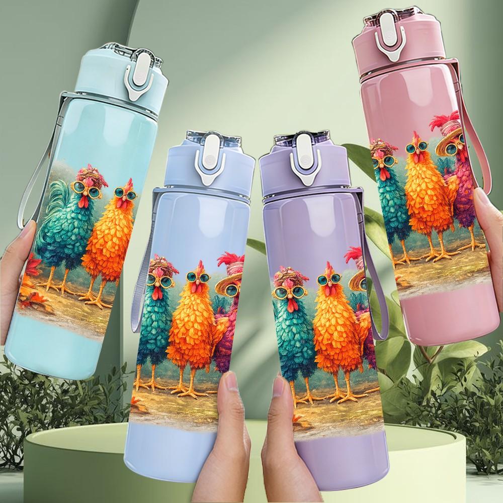 1PC Colorful Rooster Chicken Farm Print 750ml Color Plastic Sports Water Bottle Leakproof Flip Straw Lid Suitable for Sports Office Home Use