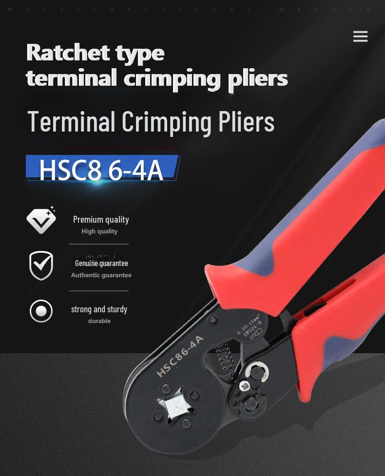 HSC8 6-4A Self-Adjusting Crimping Tool for VE Tube Terminals, 0.25-10mm Range, Quadrilateral Crimping.