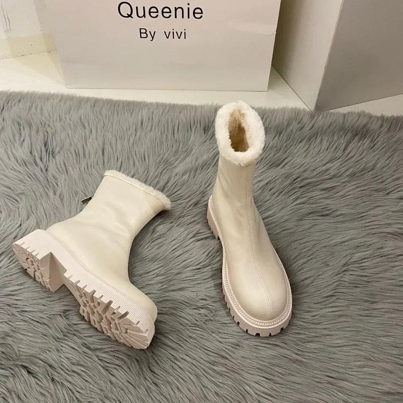 Fashion Ladies Shoes 2024 High Quality Back Zip Women's Boots Fashion Round Toe Modern Boots Women Winter Plus Velvet Mid-Calf Boots