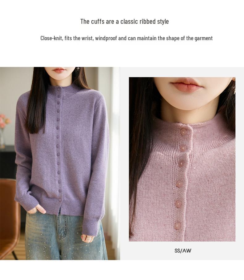 Women's Stand Collar Knit Cardigan with Sequin Yarn and Buttons - Long Sleeve, Versatile, Casual Loose-Fit Sweater Top