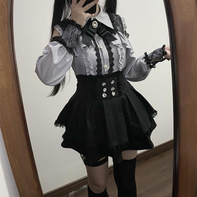 Japonský černý set krátkých sukní Gotické volánové minisukně Sexy krajkové košile Lolita šaty Y2k Estetický oblek