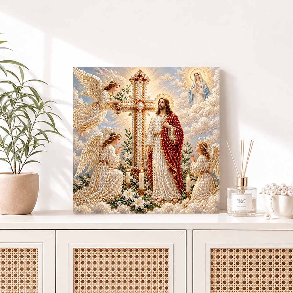 Pearl Painting 5D DIY Decorative Painting. Jesus Christ Cross and Angels. Cute Birthday Gift. Handmade Art Painting
