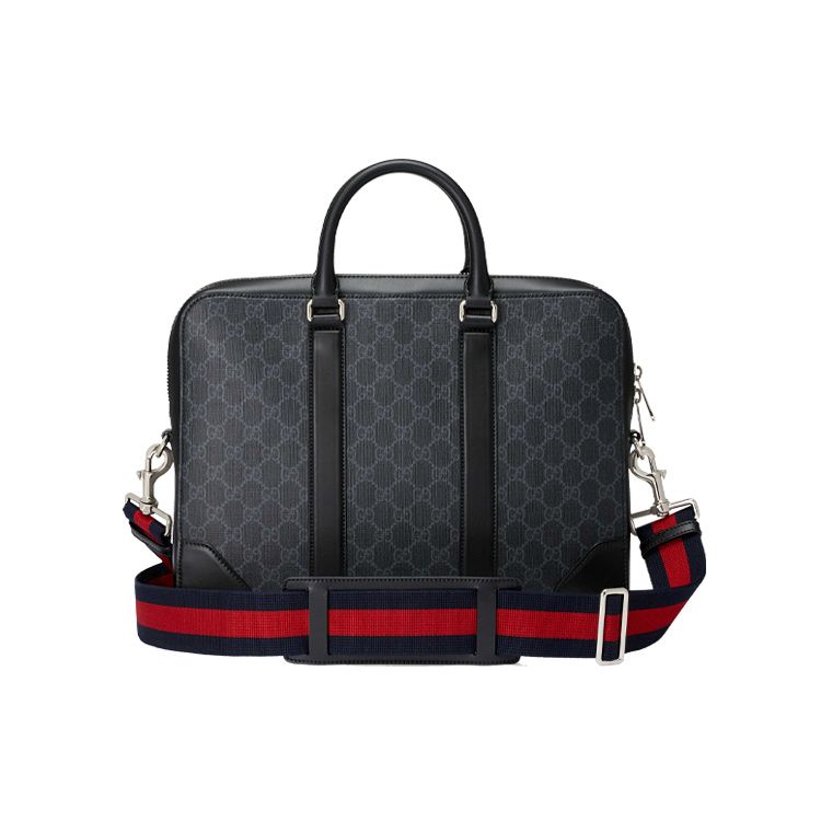 Gucci Vintage Logo Stripe Webbing Canvas And Leather Briefcase Men Bags Black 474135-K5RLN-1095