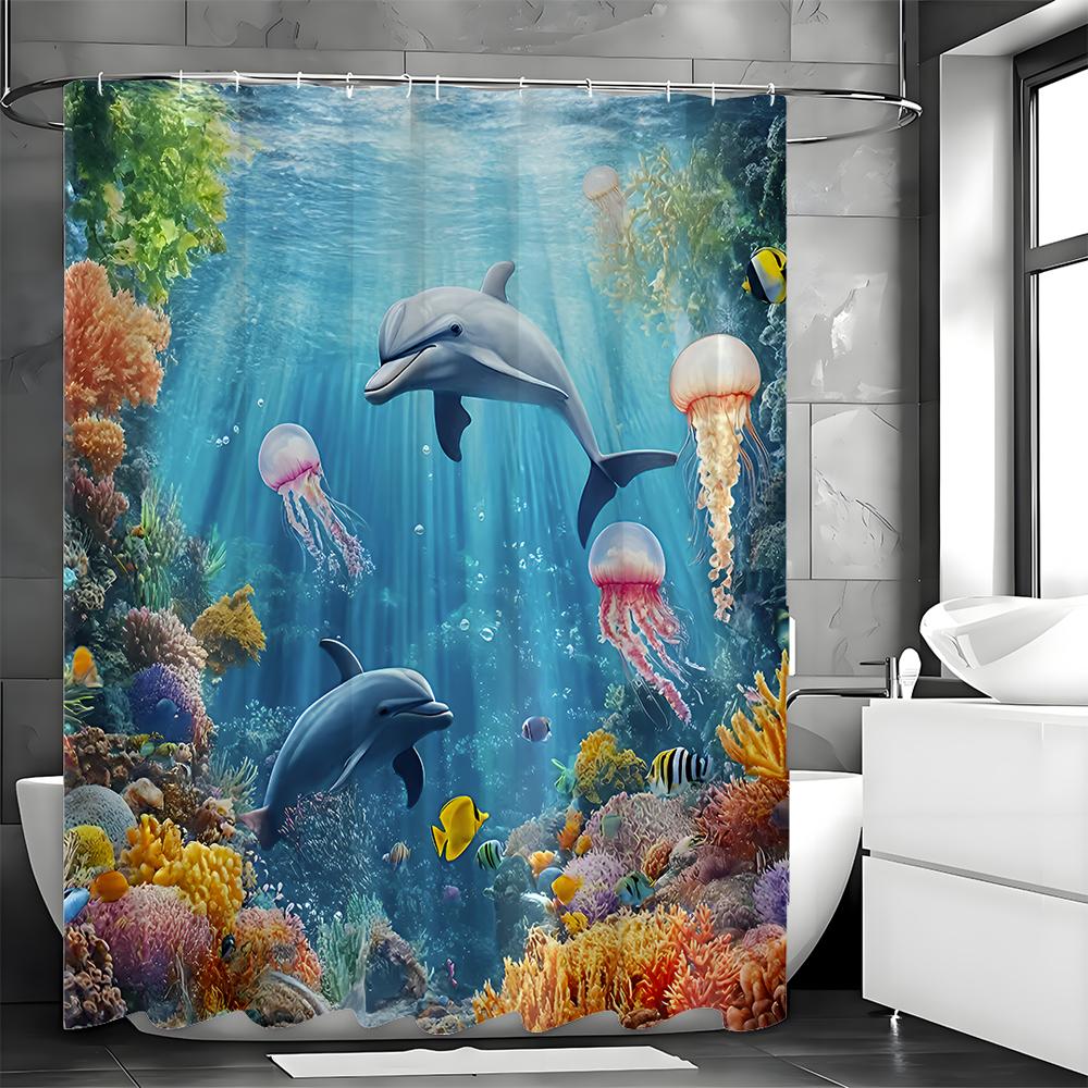

Подводный мир Дельфин Медуза Коралл Занавеска для душа, Декоративная занавеска для душа для ванной комнаты, Водонепроницаемая занавеска для душа с крючком 90*180cm