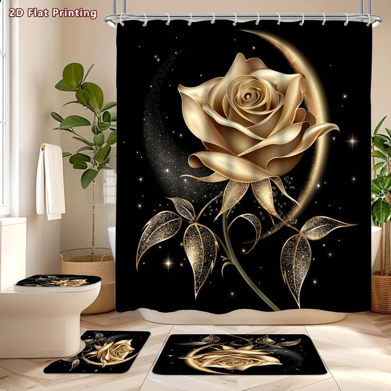4Pcs Shower Curtain Set with Non-Slip Bath Mat, Toilet Lid Cover, Contour Rug & 12 Hooks, Bathroom