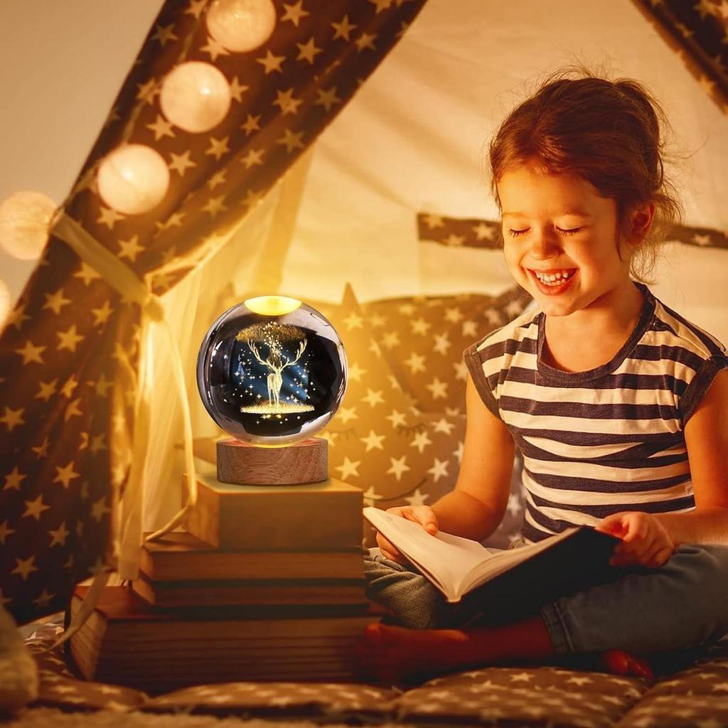 3D Engraved Deer Crystal Globe Lamp | USB LED Night Light with Wooden Base | Creative 6 cm Crystal Ball Table Lamp for Bedroom, Home, (Warm White)