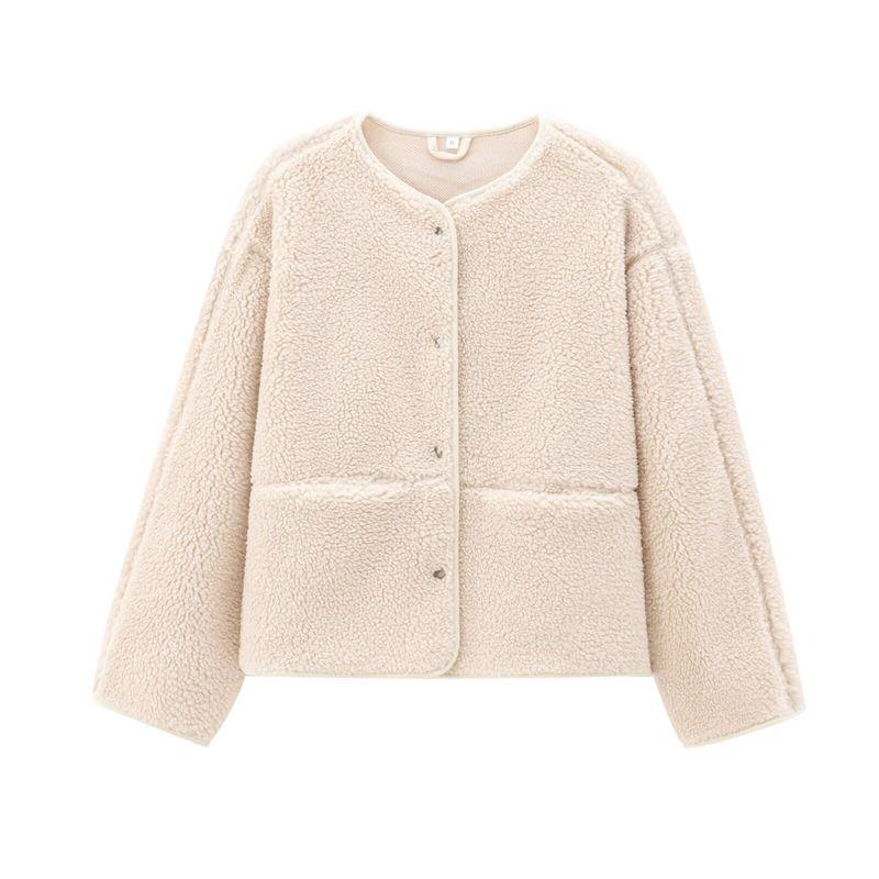 Kaslead New Arrival Women's Clothing Fashion Style Fashion round Neck Pure Color Comfort Teddy Plush Jacket 1228915