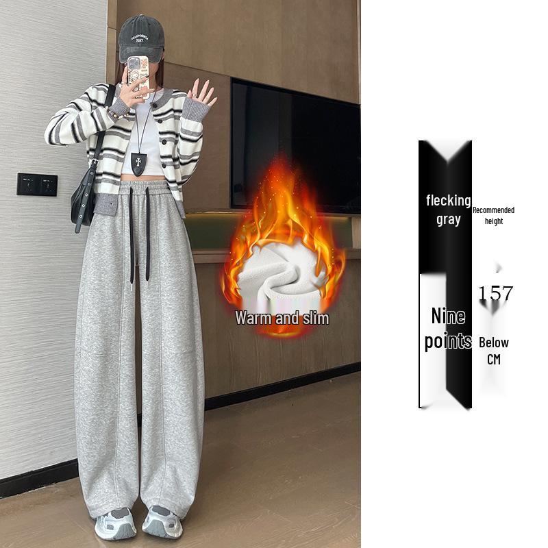 Women's Plus Velvet Wide-Leg Pants, Casual High School Sports Sweatpants, Thickened for Autumn/Winter