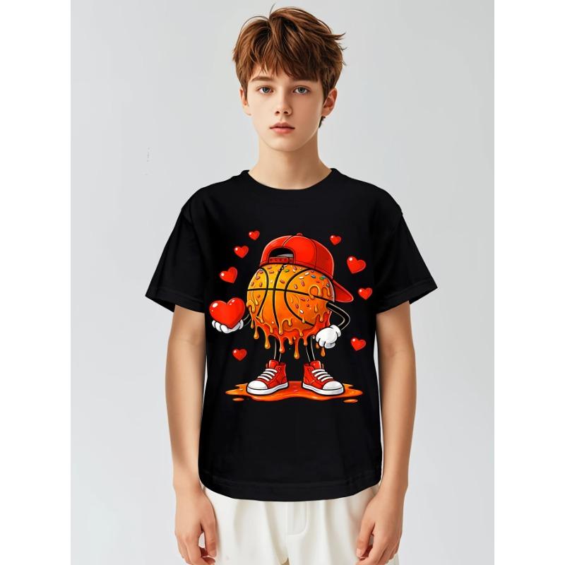 European Sizes Soft Breathable Valentine Basketball Heart Drip Sport Valentines Day T-Shirt for Kids | Boys & Girls Graphic Tee - Round Neck