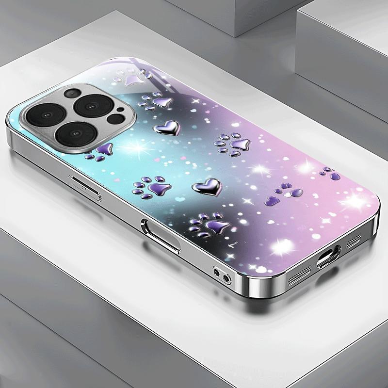 Purple Silver Heart Paw Print Electroplate Phone Case For Samsung Galaxy S23 S24 S25 S26 Ultra Plus FE Tempered Glass Cover