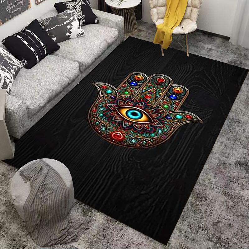 Hamsa Hand Carpet with Colorful Eye Design on Black Background Suitable for use as an anti-slip for living room bedroom sofas