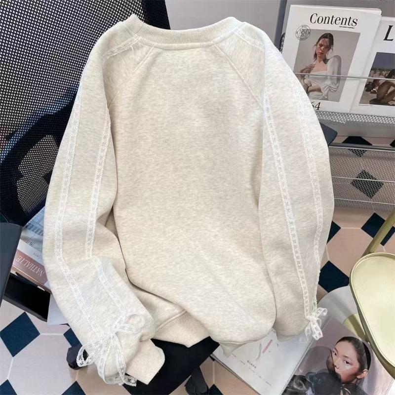 Lace Design with Puppy Pattern Women's Hoodie Round Neck Woman Long Sleeved Pullover Autumn Loose Casual Fashion Top