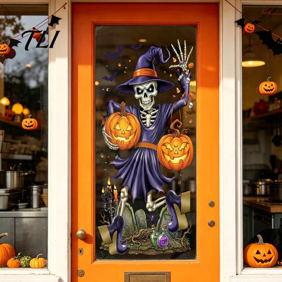 Easy To Apply Wall Stickers Spooky Halloween Window Static Sticker, Pumpkin Bat And Witch Patterns Self Adhesive Film Printed, Decorative