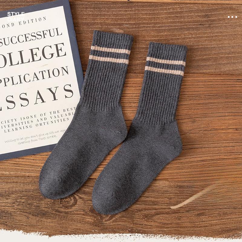 Men's Spring and Autumn Vintage Pure Cotton College-style Long Socks, Versatile Double-bar Mid-calf Socks for Autumn and Winter