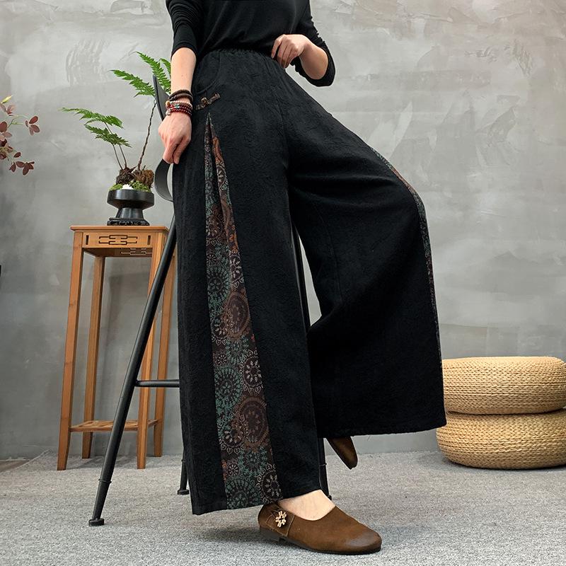 Women's Ethnic Retro Jacquard Wide-Leg Pants, Spring 2025 - Loose, Slimming, Frog Button Patchwork Culottes