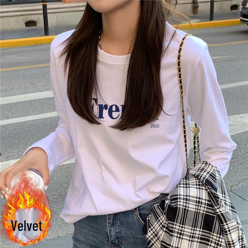 Women's 2025 White Fleece-Lined Cotton Long Sleeve T-Shirt – Loose Fit Inner Wear for Spring