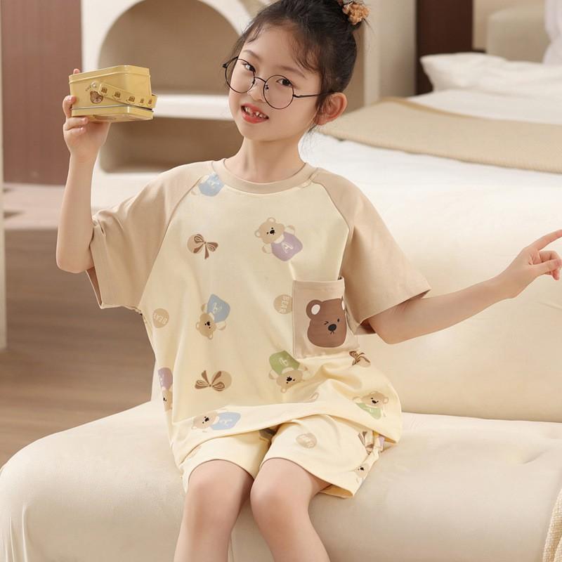 Girls Cotton Pajama Set Short Sleeve Cartoon Print Lightweight Sleepwear Ages 8