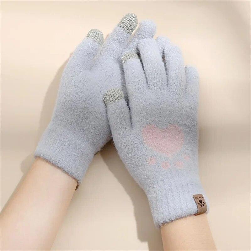 Fashion Cat Paw Printing Gloves Mobile Phone Touchscreen Knitted Gloves Winter Thick & Warm Adult Soft Fluffy Gloves Men's Women