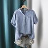 Koreanische Version des doppellagigen Baumwollgarn-bedruckten halb geöffneten V-Ausschnitt-Kurzarmshirts Damen Freizeit Locker Oberteil