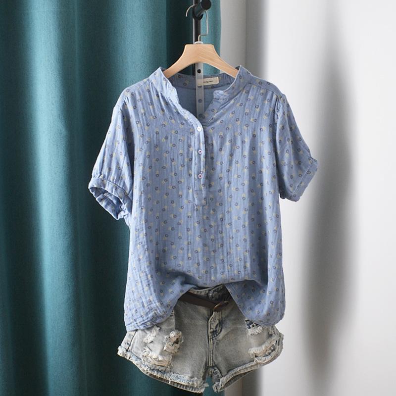 Koreanische Version des doppellagigen Baumwollgarn-bedruckten halb geöffneten V-Ausschnitt-Kurzarmshirts Damen Freizeit Locker Oberteil