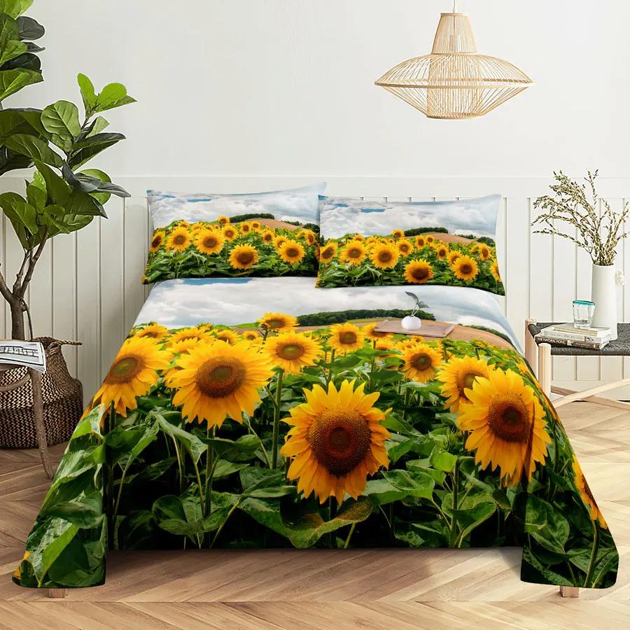 Sunflower Bed Sheets and Pillowcases for Single Double Beds Bedsheets Set with Pillow Case 2pcs 3pcs Queen Full Size 3D Soft