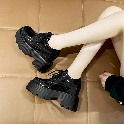 

Модные женские кроссовки на высокой платформе 10 см, осенние, на толстой подошве, повседневные, для папы, прогулочные, массивные, женские, кожаные кроссовки Zapatos Mujer 39 чёрный