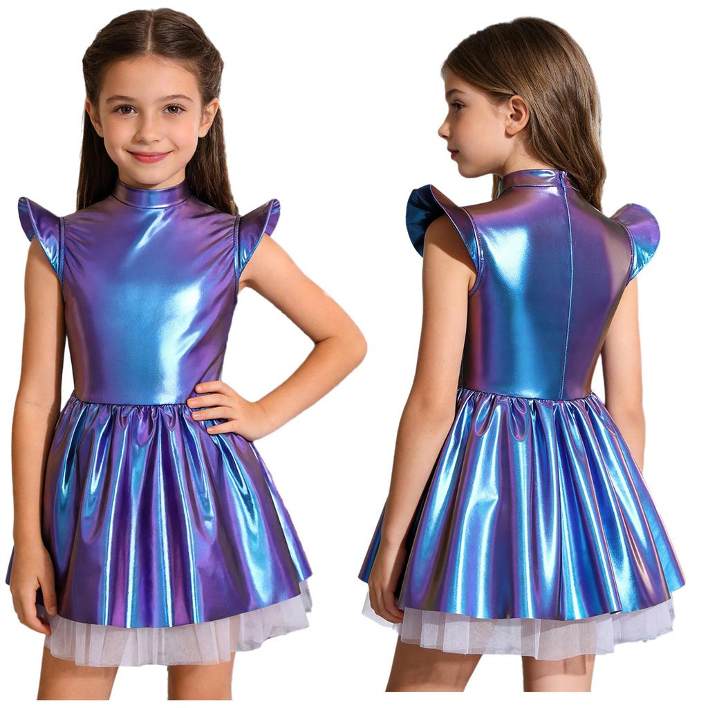 Schillerndes Alien-Tutu-Kleid für Mädchen, Glänzendes Kostüm mit Stehkragen, Flatterärmeln & Reißverschluss hinten, Bühnenauftritt & Party