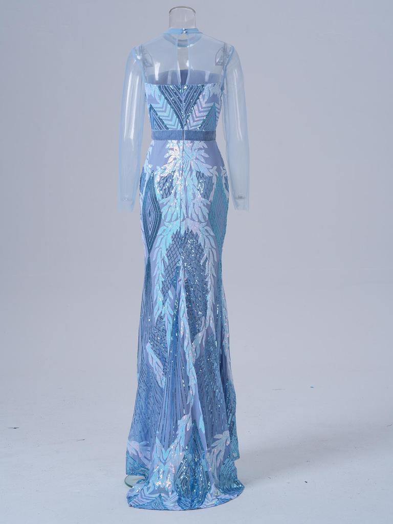 European & American High-End Sequin Mesh Long Evening Dress – Women's Sexy, Elegant, Round Neck, Long-Sleeved Design
