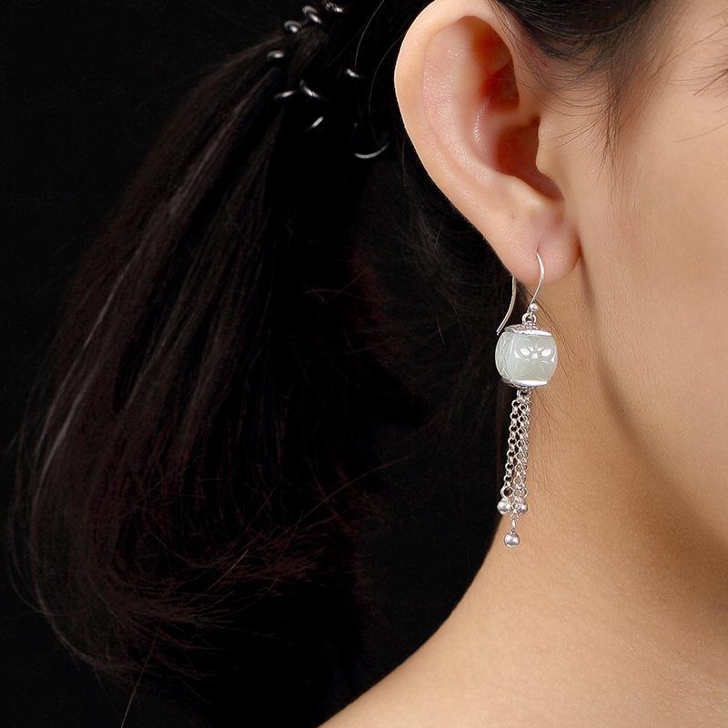 Independent Design Retro Style Inlaid Hetian White Jade Pattern Tassels for Ladies High-end Earrings Elegant  Jewelry