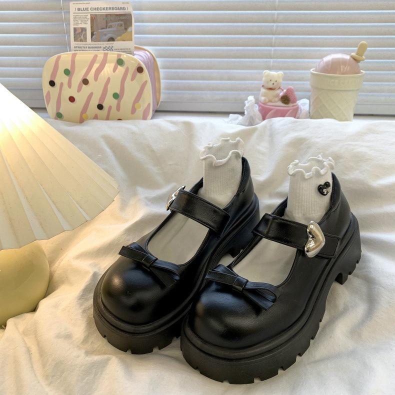 

Модные темпераментные туфли на платформе в британском стиле, женские туфли из кожи, новинка 2025 года, весна-осень, бант, любовь, пряжка, туфли Мэри Джейн 35 чёрный
