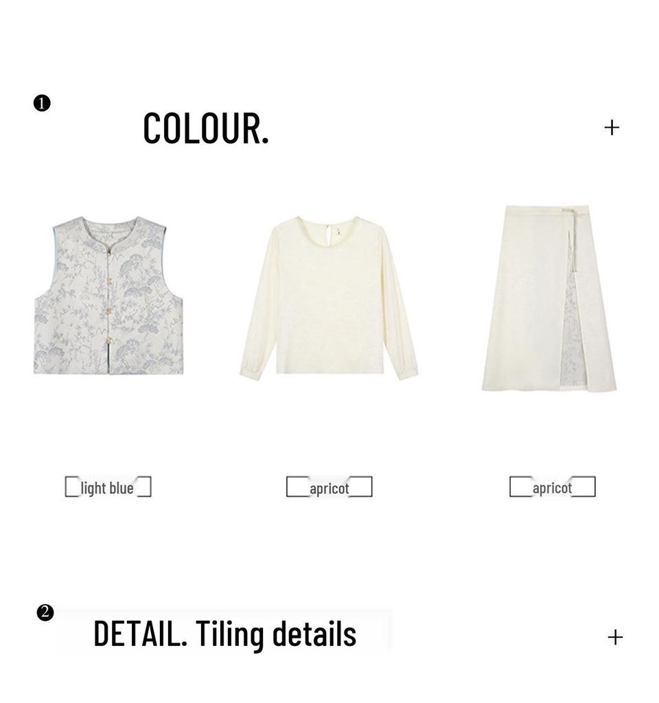 Plus Size Bamboo Pattern Embroidered Vest, Shirt and Midi Skirt Set