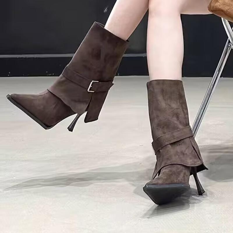 

Мода Высокие каблуки Женские ботильоны Острый носок Модная обувь для платья Роскошная замша Зимние боты 2025 Дизайнерские туфли-лодочки Женские ботинки Челси 40
