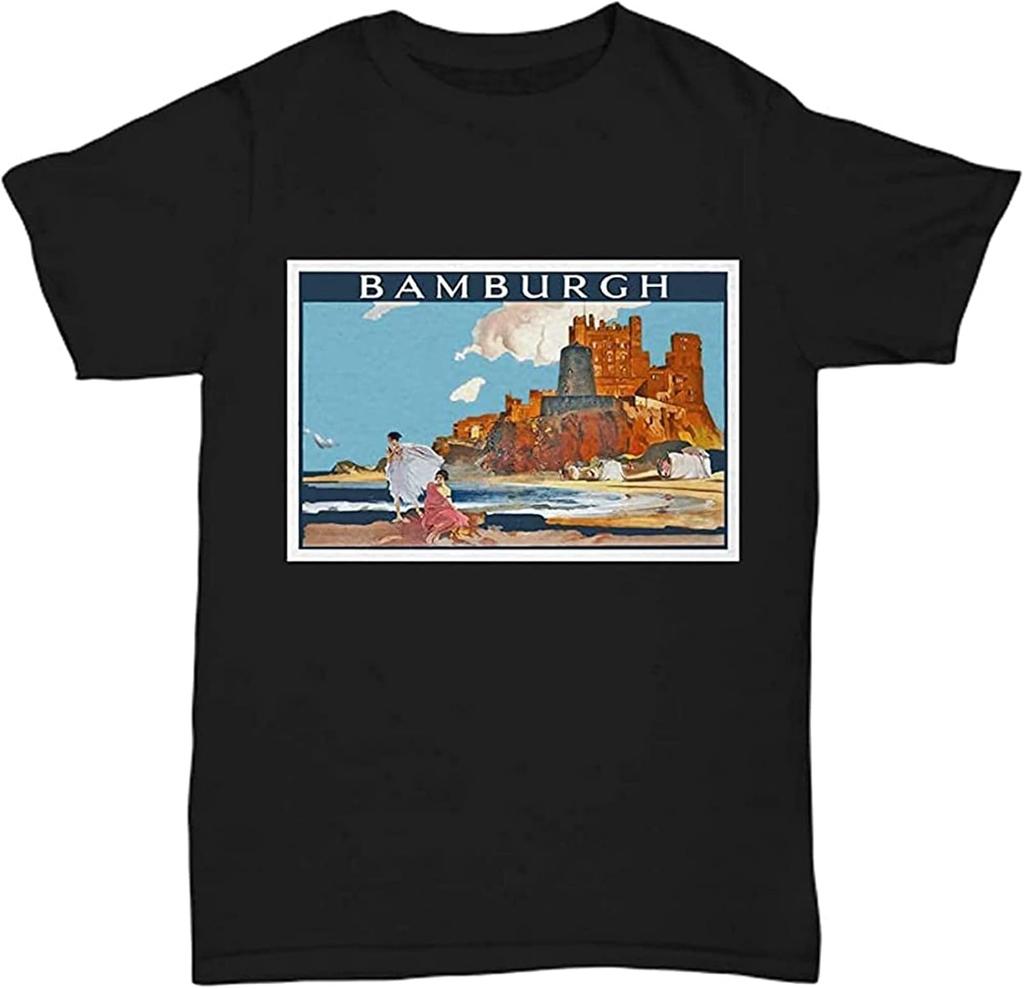 British Travel Poster Bamburgh Men T-Shirt Black Graphic Unisex Tee Shirt