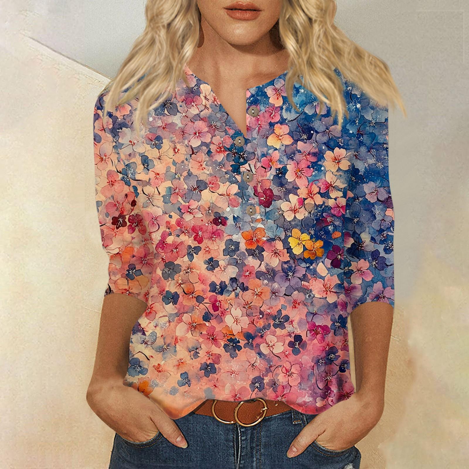 

Женский свободный повседневный топ с рукавом семь четвертей и цветочным принтом с круглым вырезом на пуговицах XXXL горячий розовый