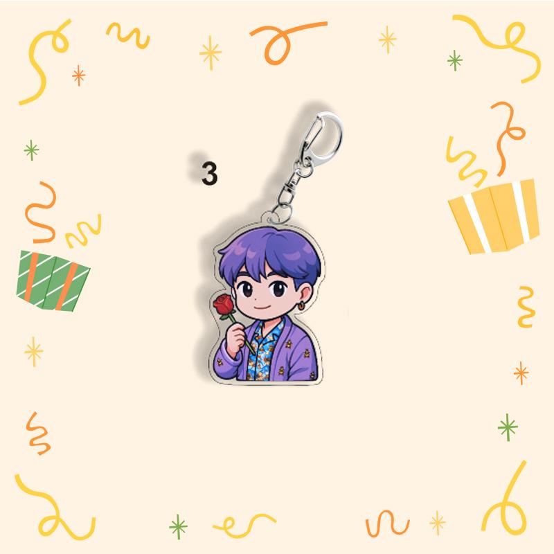 BTS Cute Keychain, Cartoon Figure Keyring with Rose Design, Kpop Idol Cartoon Bag Pendant for ARMY Fans(Jin RM Suga Jimin V J-Hope Jungkook)