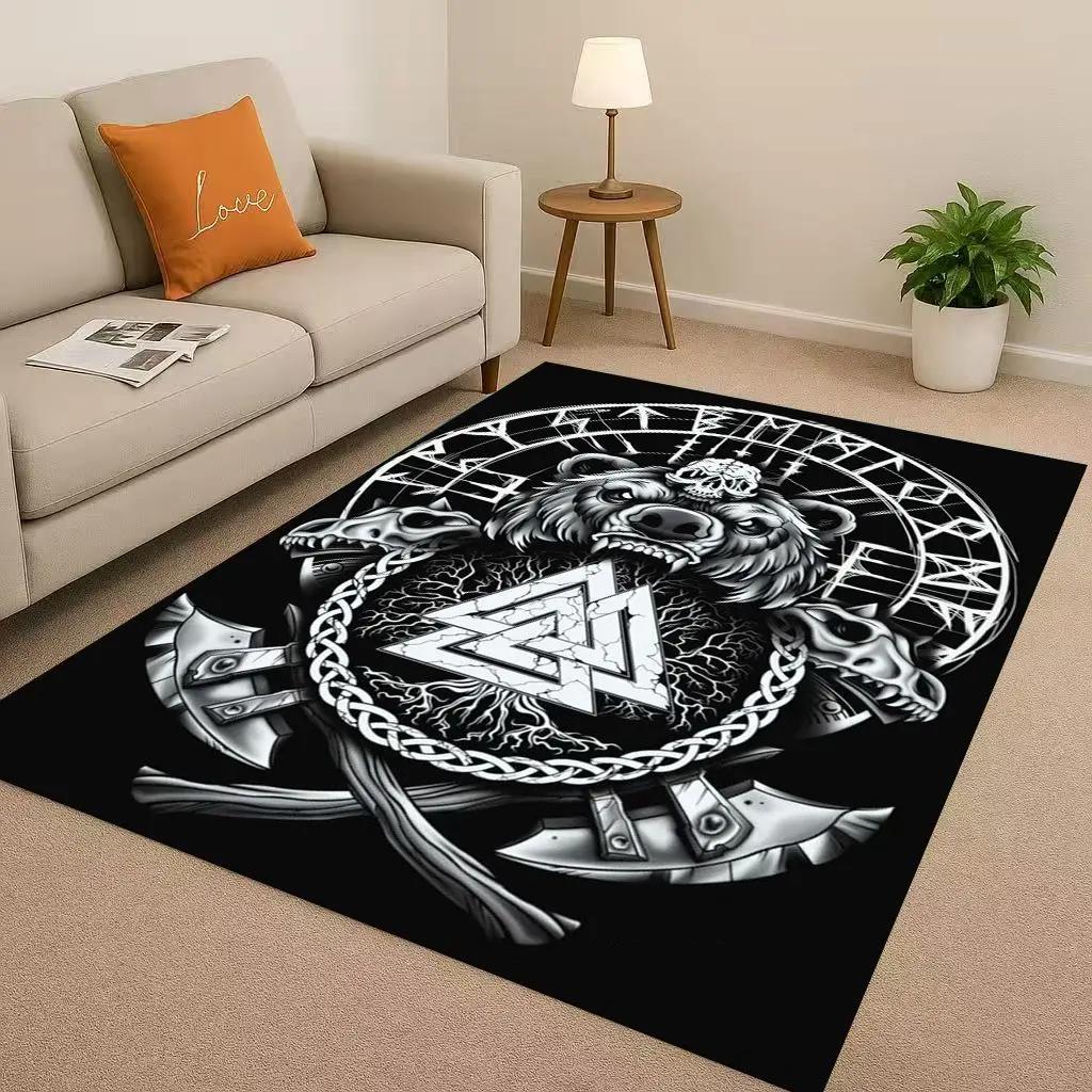 3D severský vikingský totem Vegvisir runa Valhalla Valknut Protiskluzový koberec do obývacího pokoje Měkký koberec do ložnice k pohovce, Domácí rohožka