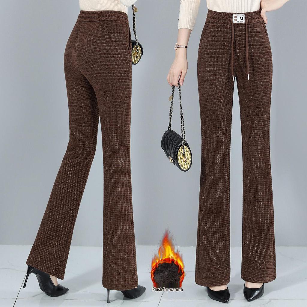 Women's High-Waisted Fleece-Lined Flared Pants - Warm, Casual, Slimming, Elastic, Versatile for Autumn/Winter
