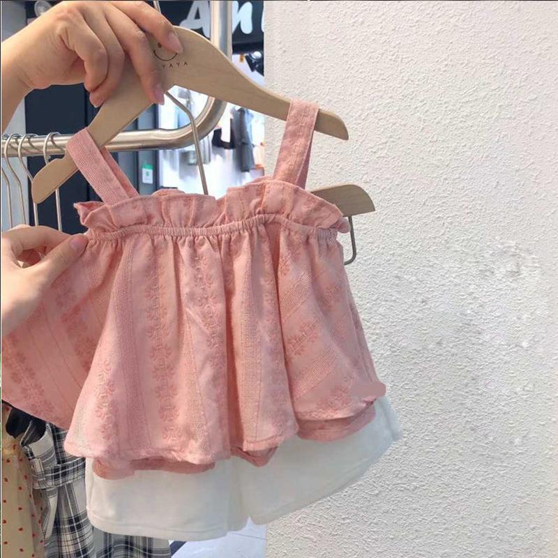 Girls Outfit Set Summer Clothing Sets Hollow Lace Suit Baby Casual Sleeveless T-shirt+Shorts Kids Clothes Sets Baby Clothes