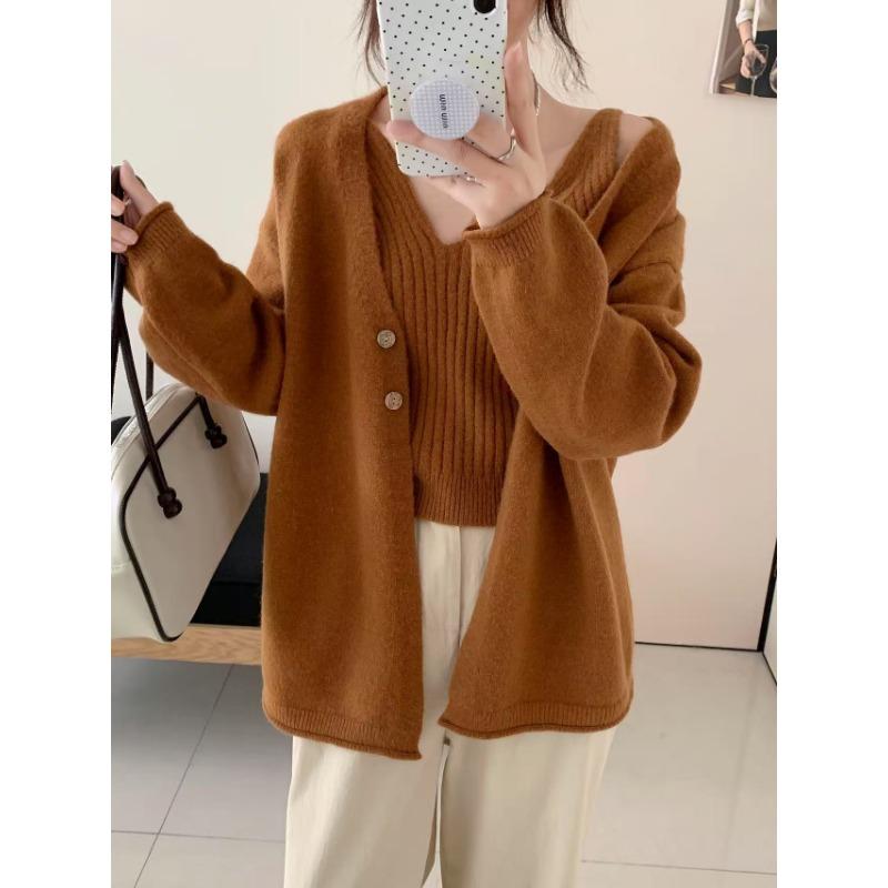 Lazy Wind Knitted Sweater Cardigan Sweater Jacket Top with V-neck Sling Vest Simple Two-piece Set Women