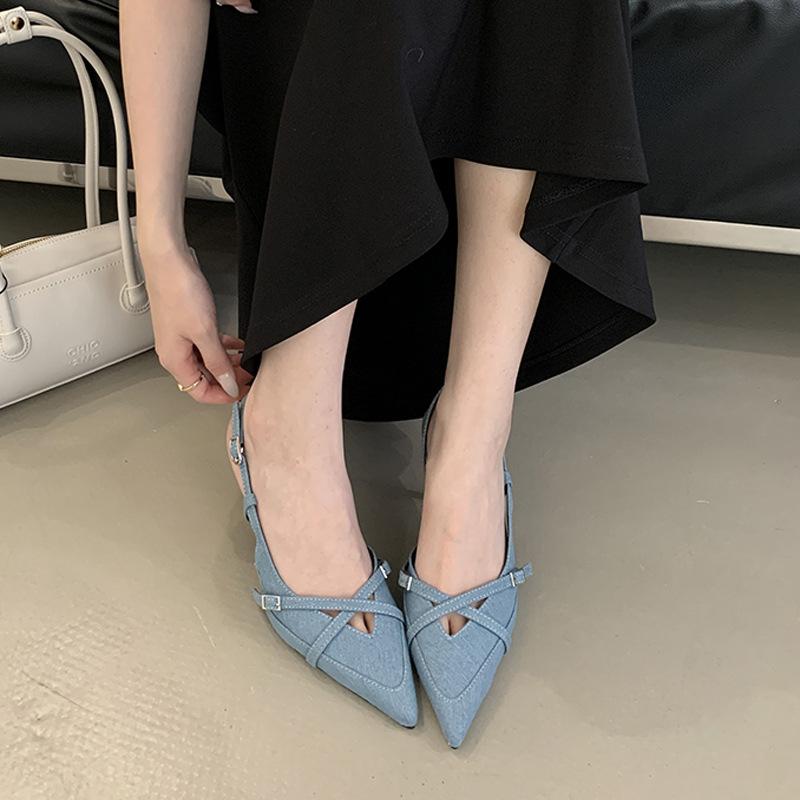 

Туфли на высоком каблуке весна новая мода банкет мелкий вырез пустой красивый носок сандалии на высоком каблуке 40 светло-синий