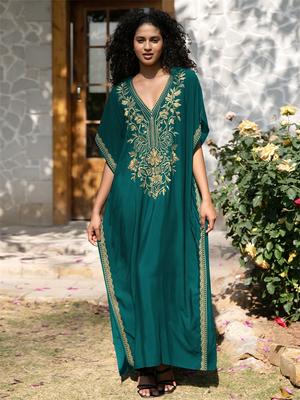2024 Sexy V Neck Bat Sleeve Gold Bordado Casual Praia Vestido Longo Mulheres Verão Maiô Coverup Relaxed Vacation Party Dresses