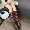 Autumn Winter Pointed Toe Ladies Knee High Shaft Shoes Middle Heel Buckle Leather Women's Long Boots Chic and Elegant Footwear