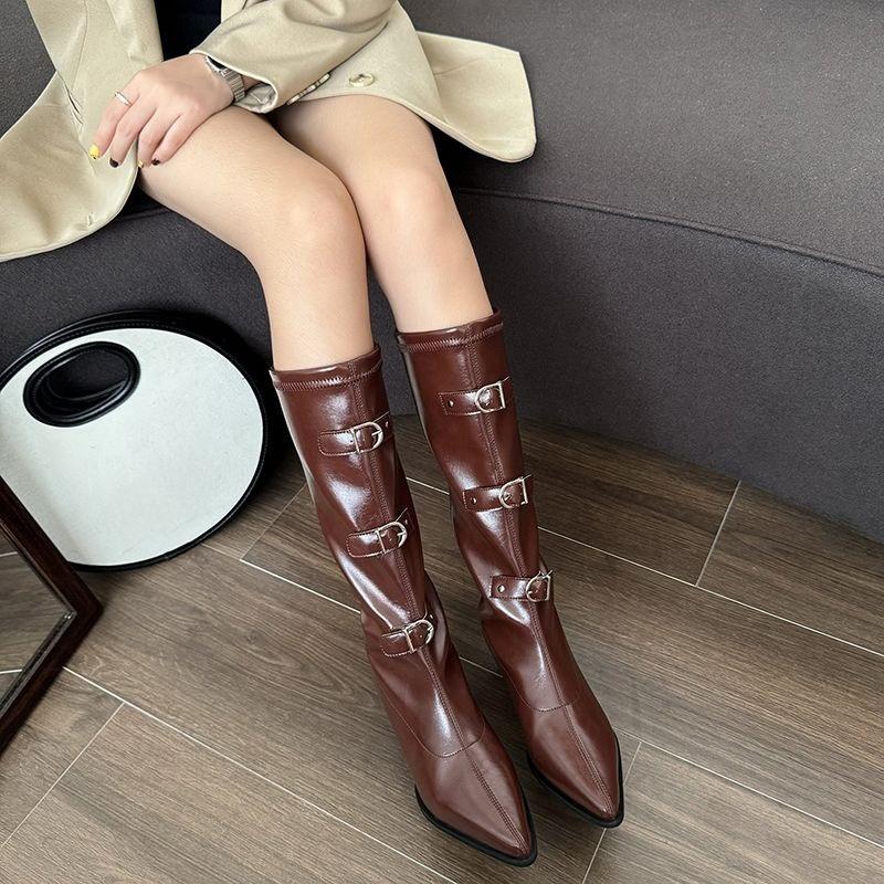 Autumn Winter Pointed Toe Ladies Knee High Shaft Shoes Middle Heel Buckle Leather Women's Long Boots Chic and Elegant Footwear